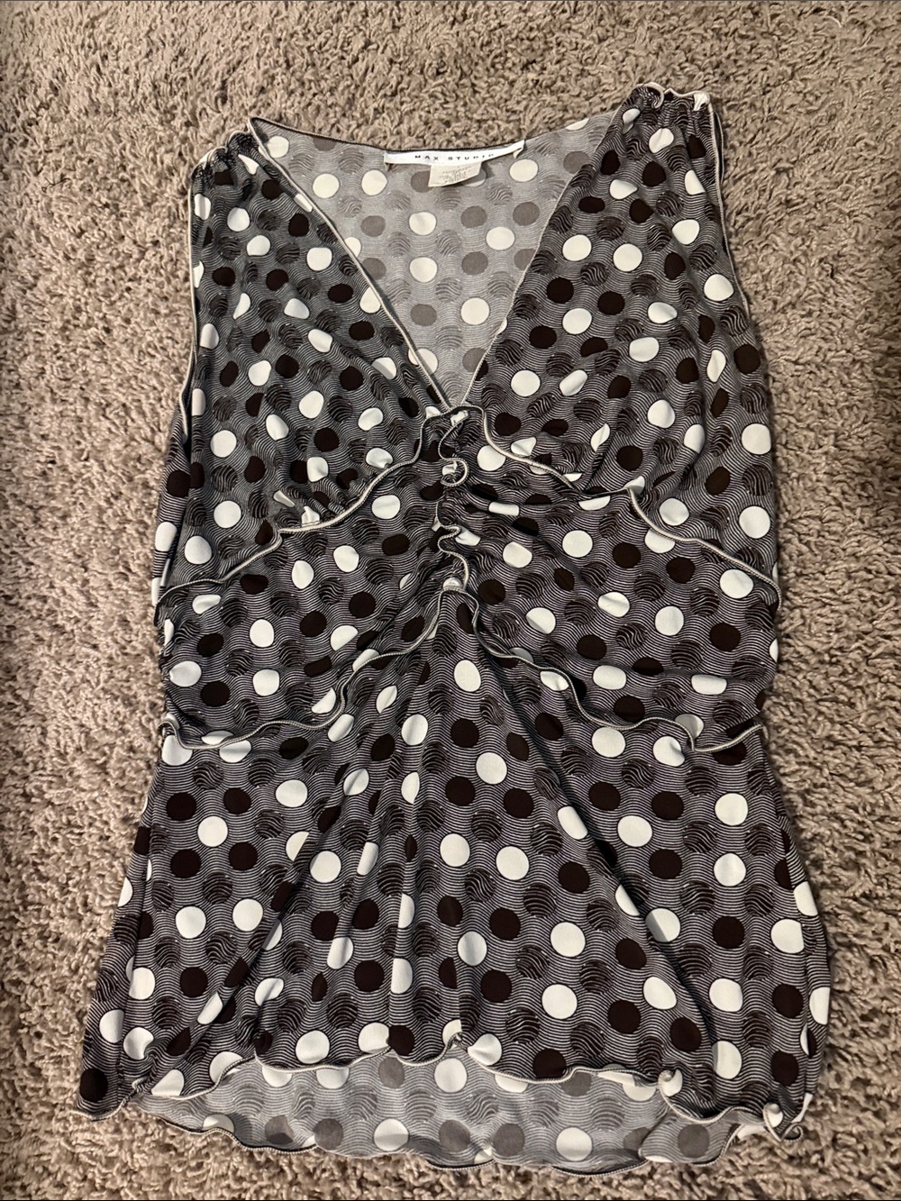Max Studio Black & White Polka Dot V-Neck Ruched Camisole